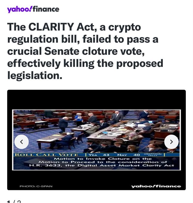 A Yahoo Finance article states 'The CLARITY Act, a crypto regulation bill, failed to pass a crucial Senate cloture vote, effectively killing the proposed legislation,' featuring a C-SPAN image of the Senate floor with the bill title 'H.R. 3633, the Digital Asset Market Clarity Act'.
