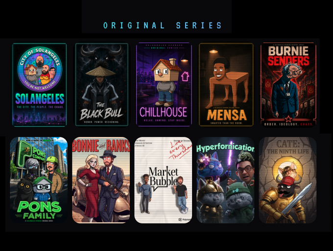 A promotional graphic showcasing "Original Series" available on Solangeles, featuring 10 TV show posters including "Solangeles," "The Black Bull," "Chillhouse," "Mensa," "Burnie Senders," "The Pons Family," "Bonnie and Banks," "Market Bubble," "Hyperfornication," and "Cate: The Ninth Life." The image illustrates the social media post's excitement about launching 10 weekly TV shows on the Solangeles platform (solangelescity.com).