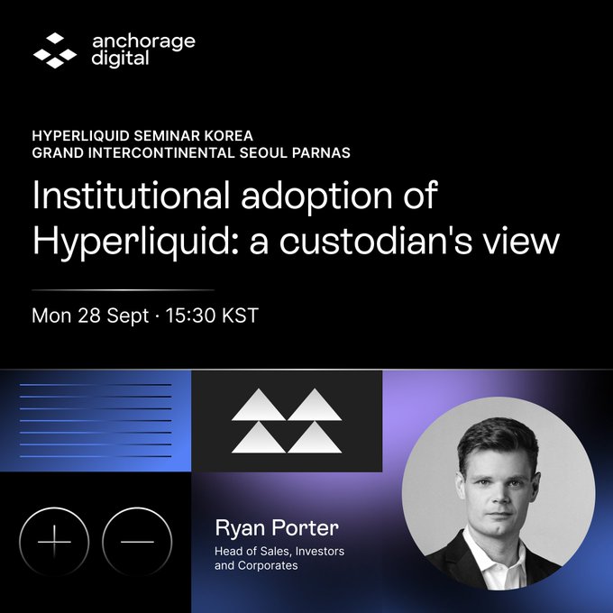 An event flyer from Anchorage Digital for the 'HYPERLIQUID SEMINAR KOREA' at Grand Intercontinental Seoul Parnas, featuring speaker Ryan Porter, Head of Sales, Investors and Corporates.
