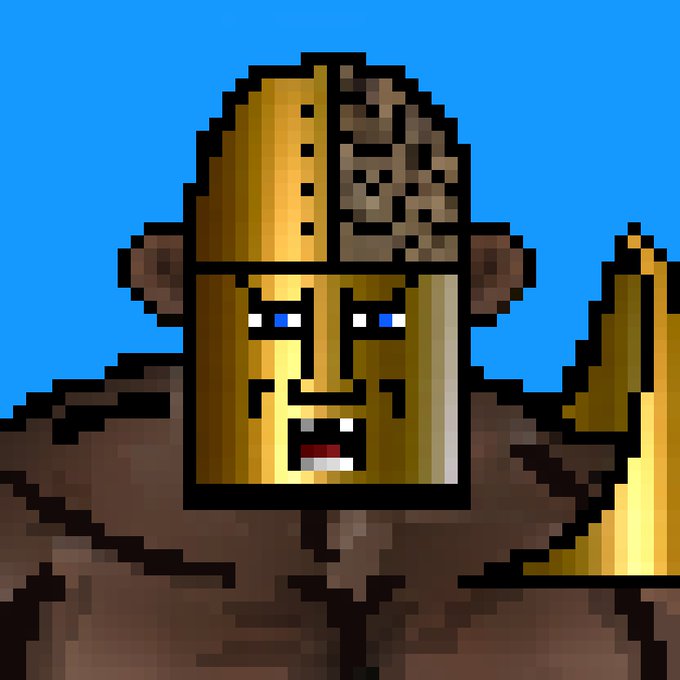 A pixel art portrait depicts a muscular figure wearing a golden helmet with a brown tribal pattern, set against a bright blue background.