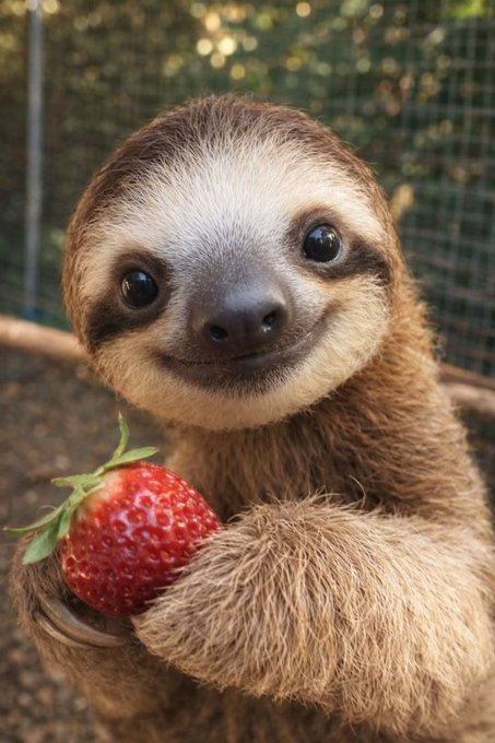 A close-up photo of an adorable baby sloth with a smiling face holding a ripe red strawberry in its claws.