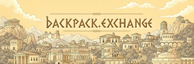 An illustrated vintage-style banner reads 'BACKPACK.EXCHANGE' above a sepia-toned depiction of an ancient Greek or Roman city with temples, mountains, and clouds.