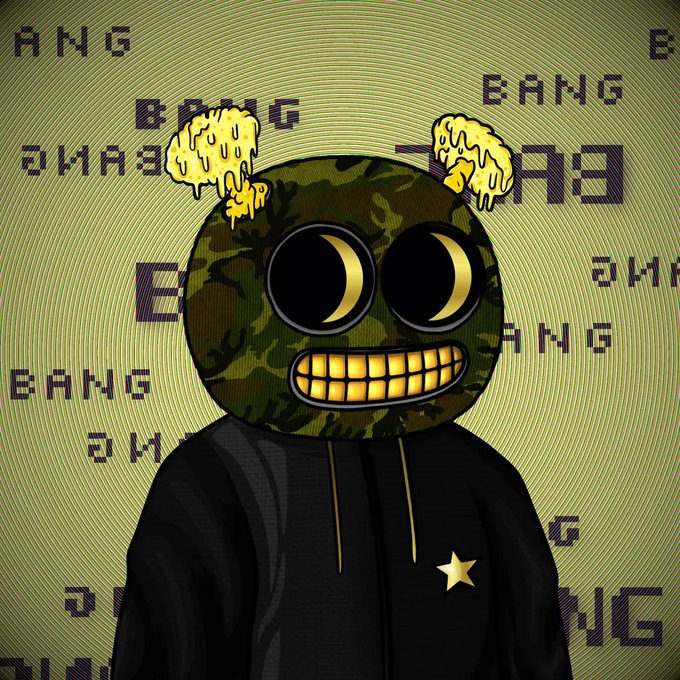 A cartoon character wearing a camouflage mask with crescent-moon eyes and golden teeth, wearing a black hoodie with a gold star, against a green background covered in the word 'BANG'.