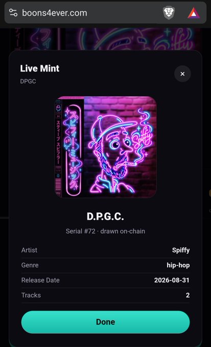 A 'Live Mint' confirmation screen on boons4ever.com showing the successful minting of a D.P.G.C. album NFT, Serial #72, by artist Spiffy.