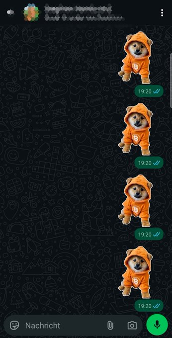 A WhatsApp chat interface displays a series of dog stickers dressed in orange Bitcoin-themed hoodies, all timestamped at 19:20 with check marks, sent to a contact whose name is blurred out.