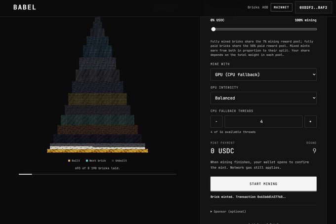 The image shows the "BABEL" Tower of Babylon game interface on Mainnet, displaying a 603-brick pyramid with 1,598 built, where the user has mined a brick (Transaction 0x81edd0143770d) for 0 USDC payment. This relates to the post as the user is actively mining bricks in the "towerofbabel.fly.dev" game, working their way up the tower.