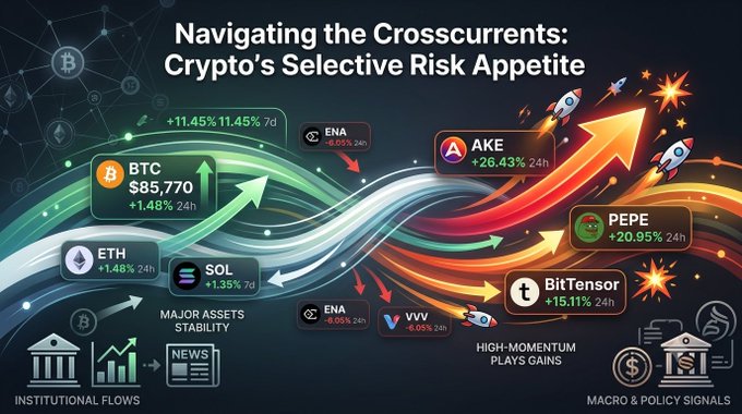An infographic titled 'Navigating the Crosscurrents: Crypto's Selective Risk Appetite' shows crypto tickers including BTC ($85,770, +1.48% 24h), ETH (+1.46% 24h), SOL (+1.35% 7d), ENA, AKE (+26.43% 24h), PEPE (+20.95% 24h), and BitTensor (+15.11% 24h), illustrating market trends.