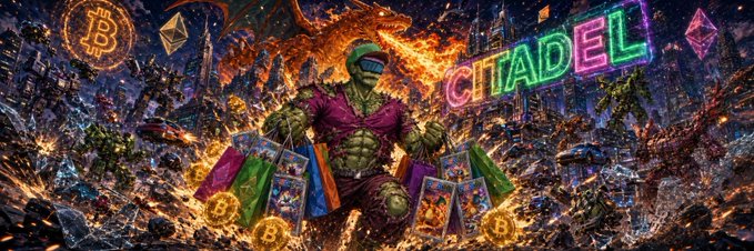 Vibrant digital artwork featuring a muscular character wearing goggles surrounded by flames and floating crypto cards, with a Bitcoin logo and a neon 'CITADEL' sign in the background.