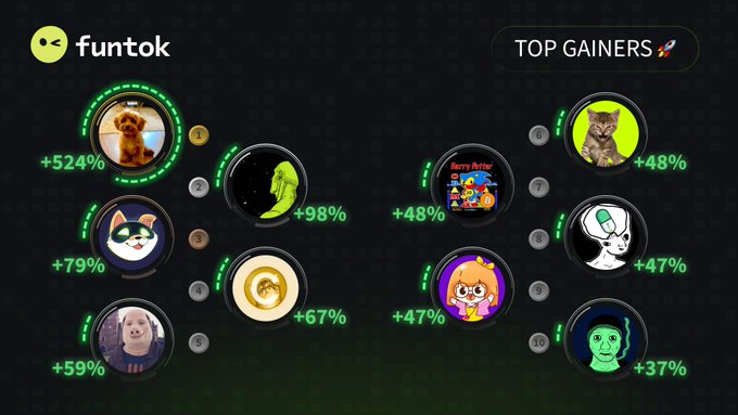 A 'funtok' meme token leaderboard showing top gainers including a dog meme coin at +524%, an Elon Musk depiction at +98%, and a Grumpy Cat at +48%.