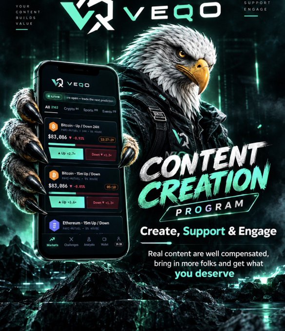 A fierce eagle mascot presents a futuristic VEQO app screen displaying live BTC and ETH price predictions ($83,086), promoting the brand's new "Content Creation Program" that pays real creators for engaging content. The graphic's bold "Create, Support & Engage" tagline and $100 USDT eligibility offer visually reinforce the campaign's incentive for content that drives views and community engagement.