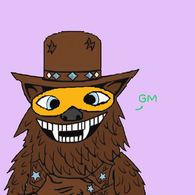 A hand-drawn illustration of a grinning brown furry character wearing a brown top hat with stars and a yellow eye mask, with "GM" written in green on a lavender background.