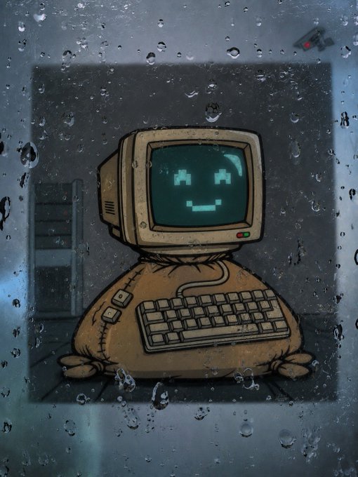 A stylized illustration of a vintage computer with a pixelated smiling face on its monitor, viewed through a rain-streaked window.