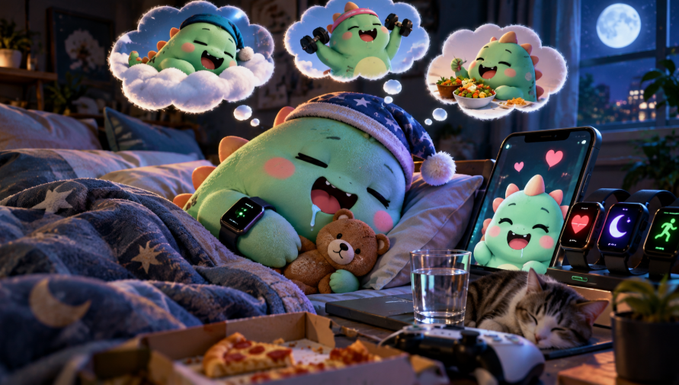 A cute 3D-rendered green cartoon dinosaur wearing a nightcap sleeps in bed with a teddy bear, dreaming of playing video games, while a cat sleeps nearby and a pizza sits on the desk.