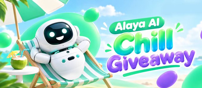 A cheerful white robot relaxes on a striped beach lounger under a sunny sky, alongside a coconut drink, with bold text reading "Alaya AI Chill Giveaway," visually capturing the laid-back, fun spirit of Alaya AI's giveaway promotion running from 10/14–10/30 with 10 winners.