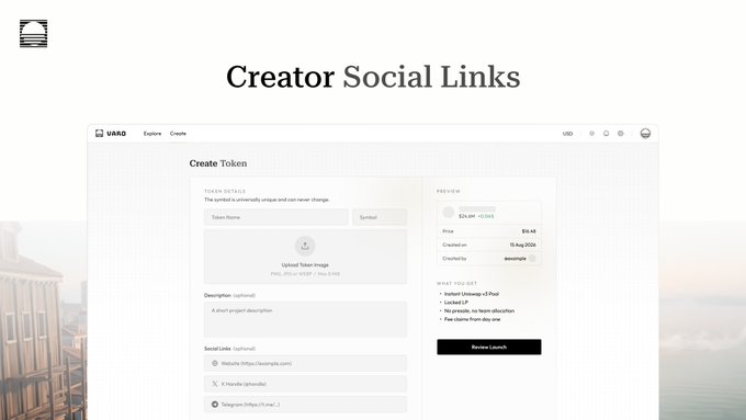 A screenshot titled "Creator Social Links" showing the VARO token creation interface, where users can input a token name, symbol, upload token image, add a description, and include social links such as a website (https://example.com), X handle (@Handle), and Telegram link (t.me/), with a $26.64 preview price and "Review Launch" button on the right. This illustrates the new feature allowing token creators on Varo to add socials, a website, and a short description to their token launch.