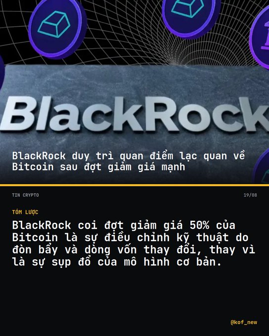 A Vietnamese-language news graphic about BlackRock's optimistic view on Bitcoin after a price drop, featuring the BlackRock logo and the handle '@kof_new' against a digital background.