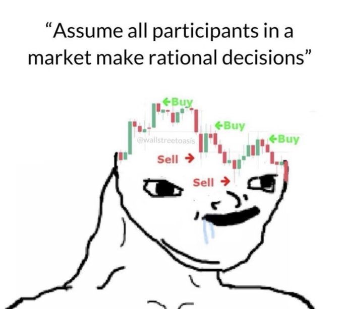 A Wojak meme showing a distressed figure with a stock chart on its head, captioned 'Assume all participants in a market make rational decisions,' with the chart showing 'Buy' and 'Sell' signals and credited to @wallstreetoasis.