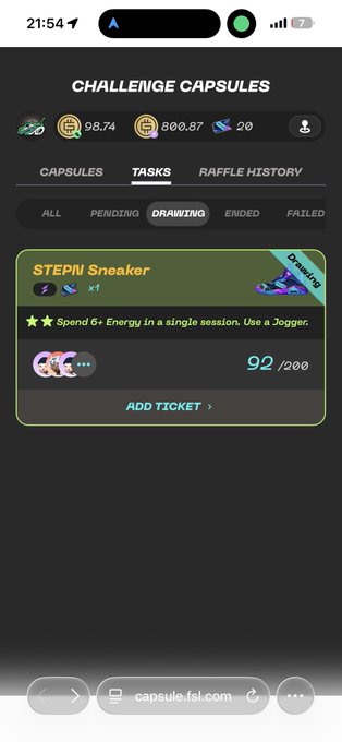 The image shows a phone screen with a list of items displayed at the top, including "Challenge Capsules", "StepPnSneaker", "SPEED", "TASK", "Raffle History", "Raffle Tasks", "Raffle Tasks Done", and "Raffle Tasks Remaining". The text also mentions that you can add extra tickets to the challenge, but there is an error message saying "#STEPN #CapsuleChallenge" in the bottom left corner. This suggests that the user may have encountered an issue while trying to add more tickets or update their progress within the challenge.