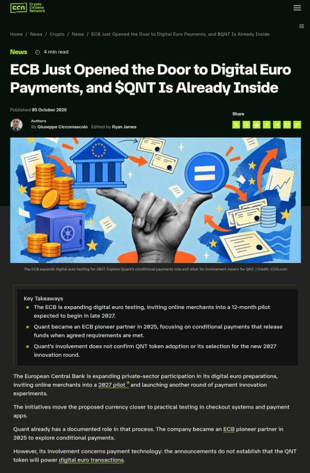 A Crypto Currencies Network article titled 'ECB Just Opened the Door to Digital Euro Payments, and QNT Is Already Inside', published October 5, 2026, discussing the European Central Bank's expansion of digital euro testing and Quant's role.