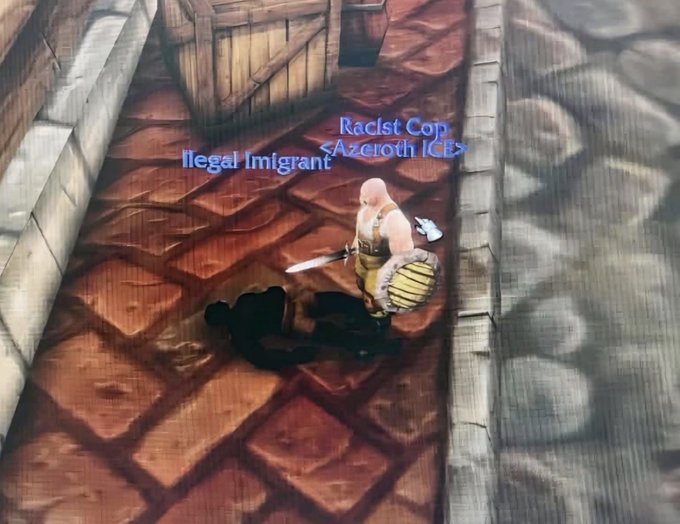 A screenshot from a video game shows a character labeled "Illegal Imigrant" being defeated in combat by a character labeled "Racist Cop <Azeroth ICE>" on a cobblestone path, visually humorously illustrating the post's message that "The world is healing" by depicting in-game roleplay where an immigration-themed character is defeated by an "ICE" character.