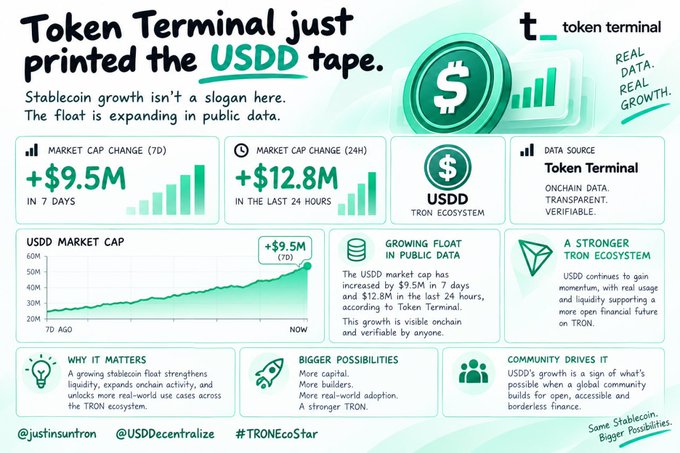 A promotional infographic titled 'Token Terminal just printed the USDD tape' highlights USDD stablecoin metrics showing a market cap increase of +$9.5M in 7 days and +$12.8M in 24 hours, emphasizing TRON ecosystem growth.