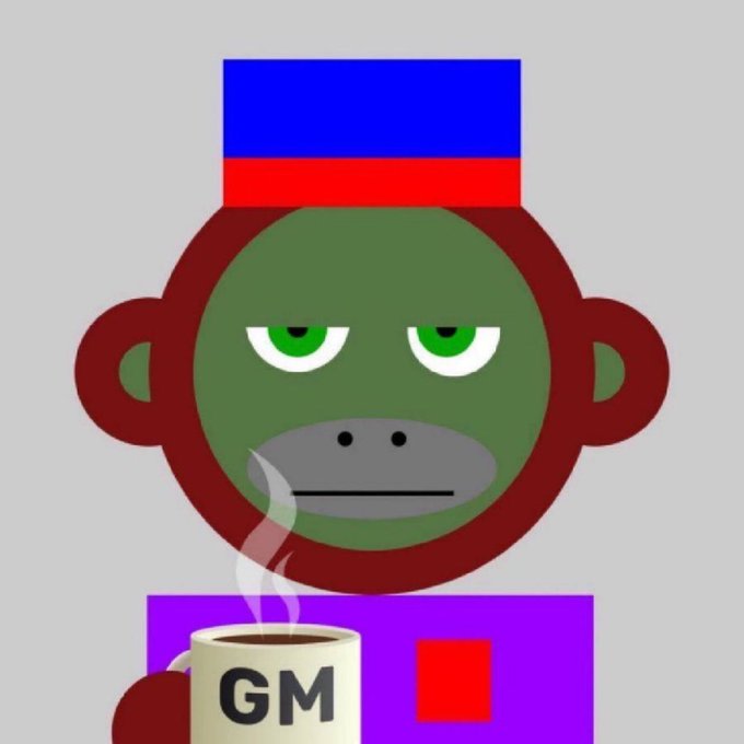 A cartoon monkey character wearing a Russian flag hat holds a steaming mug labeled "GM" (Good Morning), complementing the post's "GM" greeting and tying into the OnChainMonkey Bitcoin art collection reference.