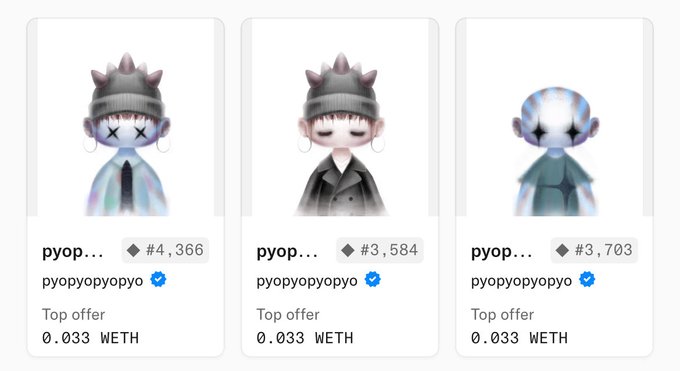 Three NFT character listings by 'pyopyopyopyo' (verified) showing digital art figurines with prices around 0.033 WETH, numbered #4,366, #3,584, and #3,703.