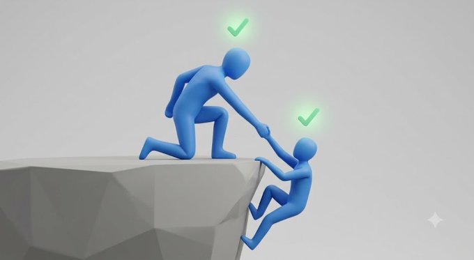 A 3D illustration of a blue figure helping another climb up a cliff, with green checkmarks above both.
