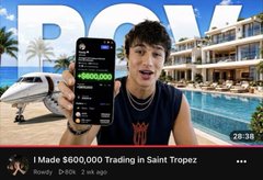 The image shows a man holding up a smartphone displaying a $600,000 trading portfolio in front of a luxury Saint Tropez backdrop, with the caption "I Made $600,000 Trading in Saint Tropez" and a timestamp of 26:38, promoting the creator's crypto trading content as part of their mission to "make crypto content great."
