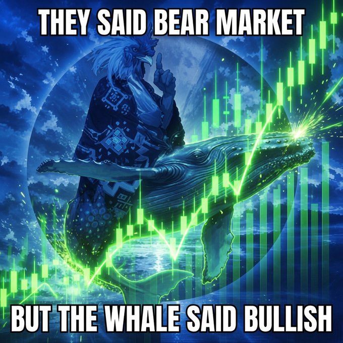 A meme with the text 'THEY SAID BEAR MARKET / BUT THE WHALE SAID BULLISH' showing an anthropomorphic bird/eagle warrior riding a whale overlaid with green candlestick chart imagery.