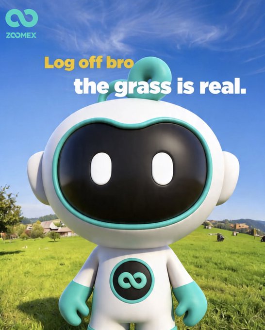 A friendly teal and white robot mascot wearing an infinity symbol stands in a sunny green field under a blue sky, with the text "Log off bro the grass is real." displayed above, reinforcing the post's message encouraging viewers to step away from their screens and enjoy the outdoors. The ZoomEx logo appears in the top left corner.