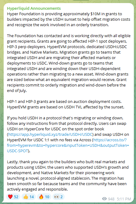 The image is a Hyperliquid Foundation announcement stating they are providing approximately $10M in grants to builders impacted by the USDH sunset, covering HIP-1 spot deployers, HIP-3 perp deployers, HyperEVM protocols, USDC bridges, and Native Markets. Grants support either migration of USDH to new stablecoin markets or orderly wind-down before the end of July, with HIP-1/HIP-3 grants based on auction deployment costs and HyperEVM grants scaled to USDH TVL affected by the sunset.