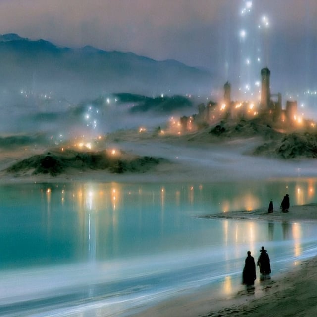 The image shows a group of people walking along a beach at night, with a castle visible in the background. The sky above them appears foggy, adding an atmospheric touch to the scene. The caption "Leaving Terra Suggested" implies that they are leaving their current location and heading towards the castle or another destination indicated by the text.