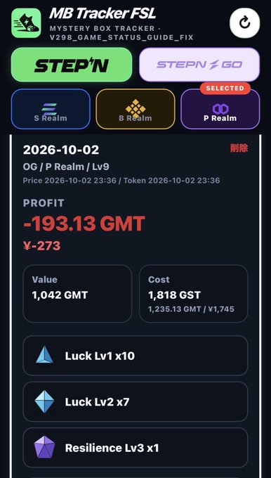 A screenshot from "MB Tracker FSL" showing a STEP'N Mystery Box opening from October 2, 2026, in the P Realm at Level 9, resulting in a -193.13 GMT loss (Y-273) from a box costing 1,818 GST, yielding Luck Lv1 x10, Luck Lv2 x7, and Resilience Lv3 x1. This directly illustrates the poster's complaint about opening MB9 boxes—the low-tier blue Luck Lv2 x7 drops failed to recoup costs, reinforcing their frustration that "yellows only" can save P Realm runners from going negative.