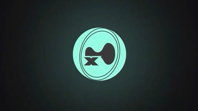 A simple circular logo with a teal background featuring a black shape resembling a dumbbell or handlebar mustache with a bold 'X' in the center.