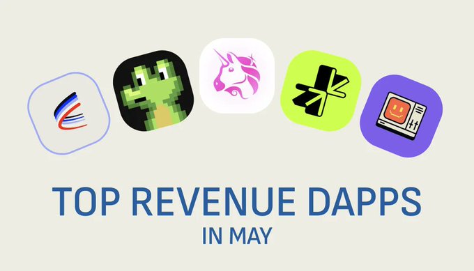 The image features a white background with five different app icons arranged vertically, each representing a different app. The apps are labeled with their respective names such as "Top Revenue Dappps", "AerodromeFi", "Limitless", "Bankrbot", and "Sosovalue". The text "Top Revenue Dappps in May" is written above the icons to indicate that this is a list of top revenue apps for May.