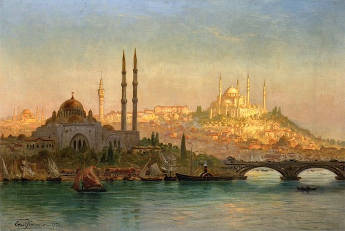 A classical painting of a coastal cityscape featuring mosques and minarets, with boats on the water and a bridge on the right, signed 'Emil Racovita' in the bottom left.
