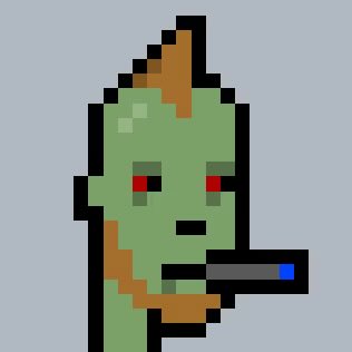 A pixel art character with green skin, red eyes, a brown mohawk, and a brown scarf is smoking a dark object against a gray background.