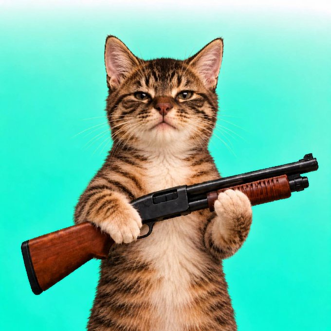 A tabby cat stands upright against a teal background, clutching a shotgun with its paws in a determined pose. The post teases an upcoming "cat" reveal, playing on the slang term for "cat," tying the weapon-wielding feline image to the hype around a potentially lucrative opportunity.