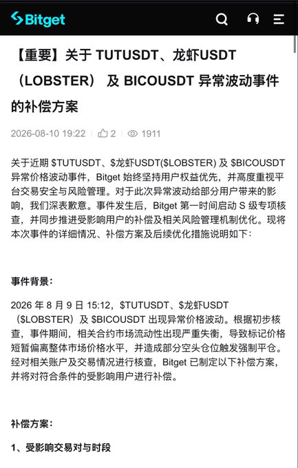 A Bitget announcement in Chinese about an abnormal price volatility event for $TUTUSDT, $LOBSTER ($龙虾USDT), and $BICOUSDT, dated 2026-08-10 19:22 with 1911 views, outlining a compensation plan.