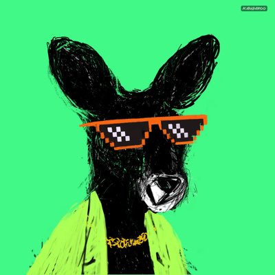 The image features a black and white cartoon depiction of a kangaroo wearing sunglasses, with a green background that contrasts with its fur. The kangaroo appears to be wearing a jacket or coat, suggesting a cool or casual atmosphere. The text "Just the right Sunday to be a @FarmerUnionXRPL #NewProfilePic" is present in the image, which could possibly be related to the post about the farmer union.