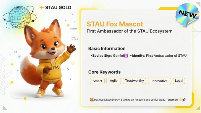 A promotional graphic for 'STAU GOLD' featuring the 'STAU Fox Mascot', described as the 'First Ambassador of the STAU Ecosystem' with core keywords: Smart, Agile, Trustworthy, Innovative, Loyal.