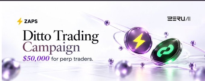 A promotional banner announces the 'Ditto Trading Campaign' offering '$50,000 for perp traders,' featuring 'ZAPS' and 'ZERUA/AI' logos alongside floating 3D spheres with lightning and link icons.