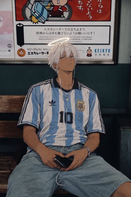 An anime-style illustration shows a young man with white hair and a halo wearing an Argentina #10 soccer jersey, sitting with earphones in front of a Japanese sign that reads "エスカレーター注意" (Escalator Caution) and "KEIKYU".