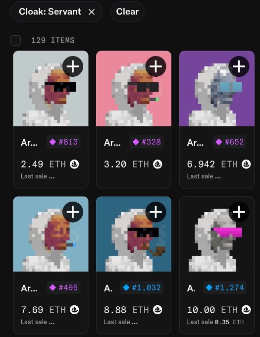 A screenshot from an NFT marketplace showing pixel art 'Cloak: Servant' items with various prices in ETH, including item #813 at 2.49 ETH, #328 at 3.20 ETH, and others ranging up to 10.00 ETH.