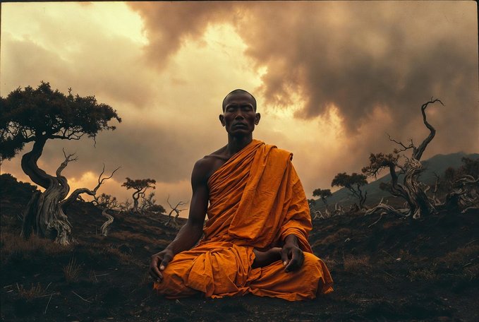 A monk in orange robes sits in a meditation pose in a desolate landscape with twisted trees and a dramatic cloudy sky.