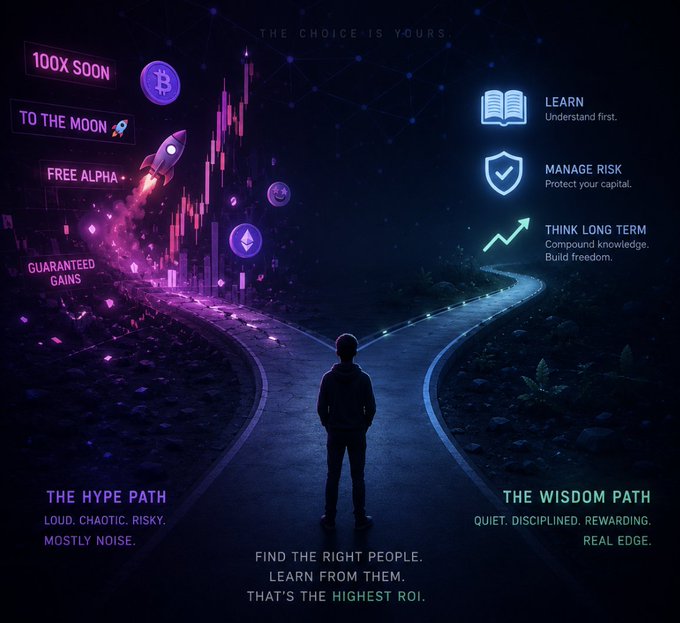 A motivational graphic titled 'THE CHOICE IS YOURS' showing a figure at a fork in the road, choosing between 'THE HYPE PATH' (loud, chaotic crypto promises like '100X SOON' and 'TO THE MOON') and 'THE WISDOM PATH' (learn, manage risk, think long term).