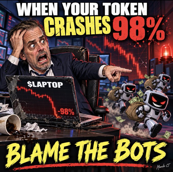 A panicked trader in a suit clutches his head while pointing accusingly at small robot figures carrying money bags fleeing from a laptop displaying a red "$LAPTOP -98%" crash chart. The image is captioned "WHEN YOUR TOKEN CRASHES 98%" at the top and "BLAME THE BOTS" at the bottom in bold yellow text, humorously illustrating the post's satirical take on blaming trading bots for the $LAPTOP token's massive crash instead of acknowledging fundamental flaws like poor liquidity and overvaluation.