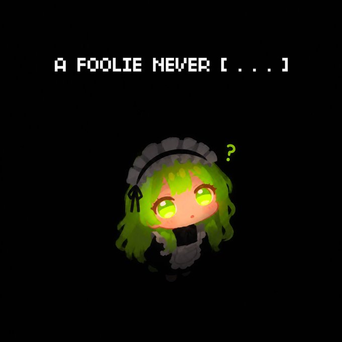 Pixel art image featuring a green-haired anime maid character with large green eyes and a question mark above her head, with the text 'A FOOLIE NEVER [...]' displayed at the top.