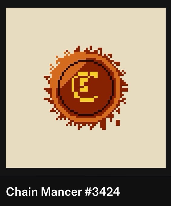 A pixel art depiction of an orange orb with a stylized yellow "E" emblem in the center, labeled "Chain Mancer #3424" below, representing the activation of Chain Mancer #3424 to earn $MANCER tokens.